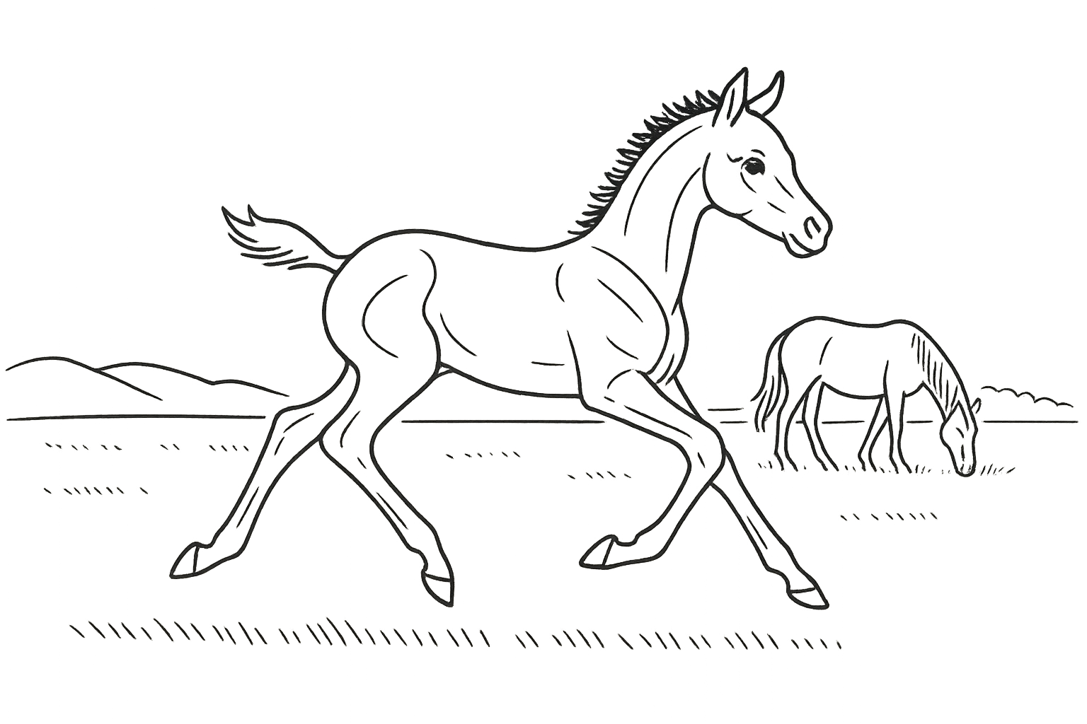 Line illustration of a young foal cantering across a large open pasture, mare grazing in the background
