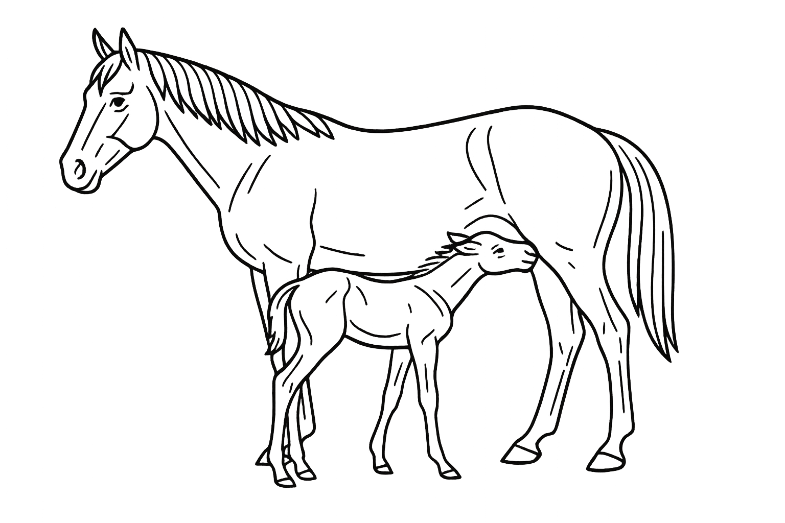 Line illustration of a newborn foal nursing beside its mare in a stall