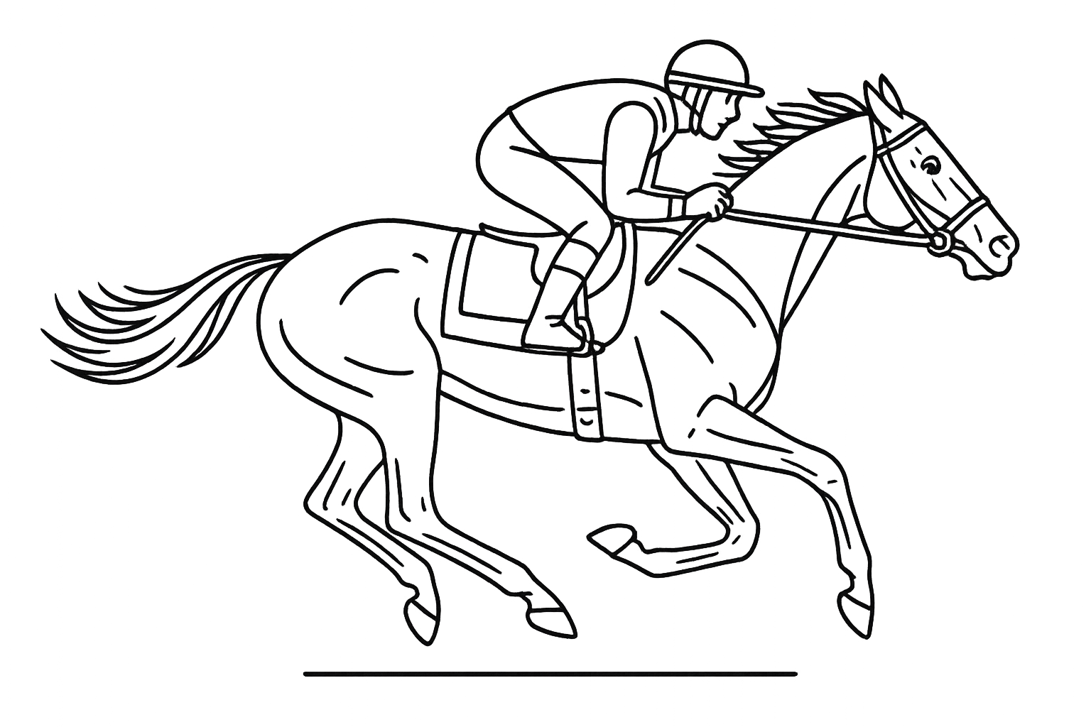 Line illustration of a horse galloping at exercise in side profile