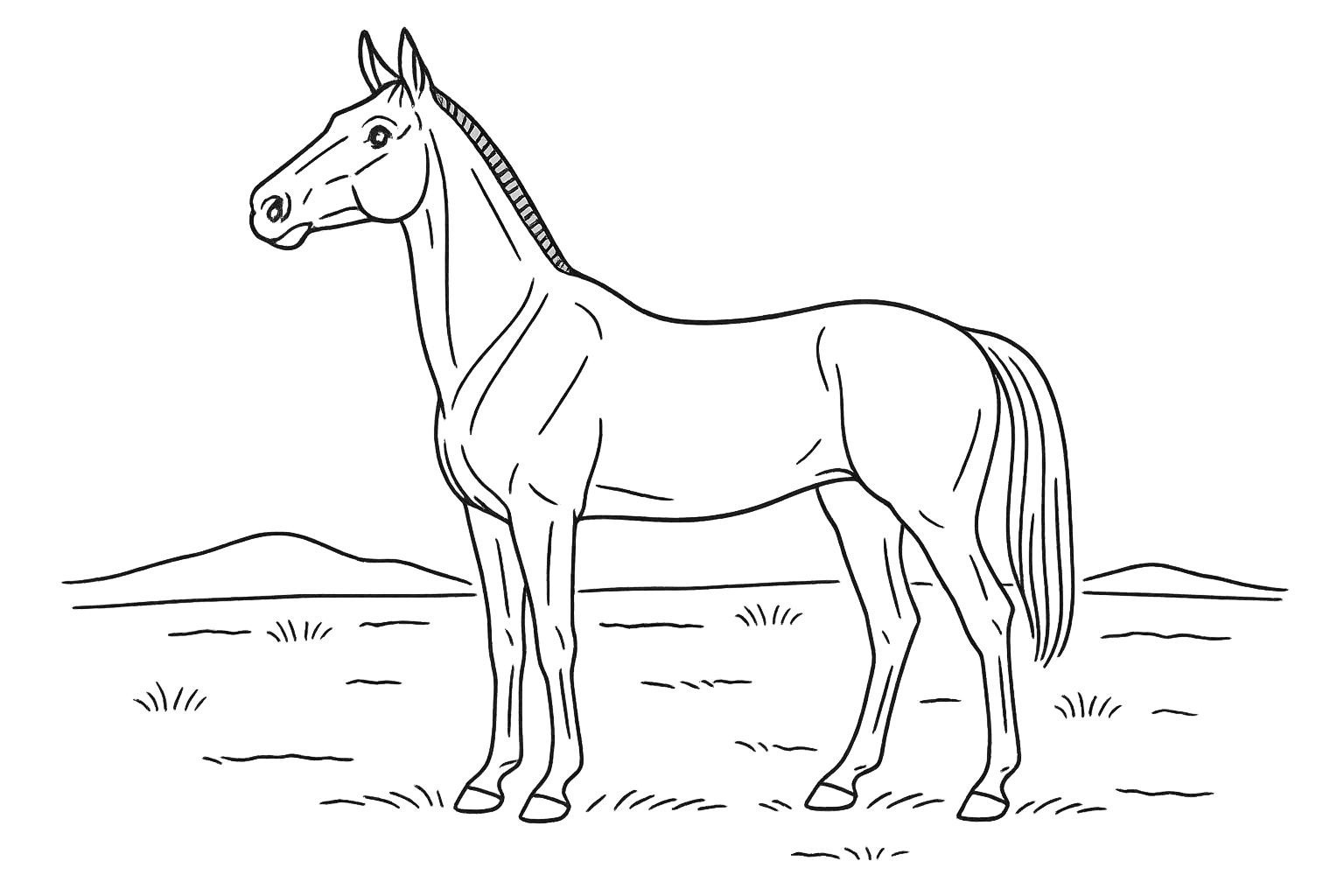 Line illustration of an alert horse in a field with head raised and ears pricked forward