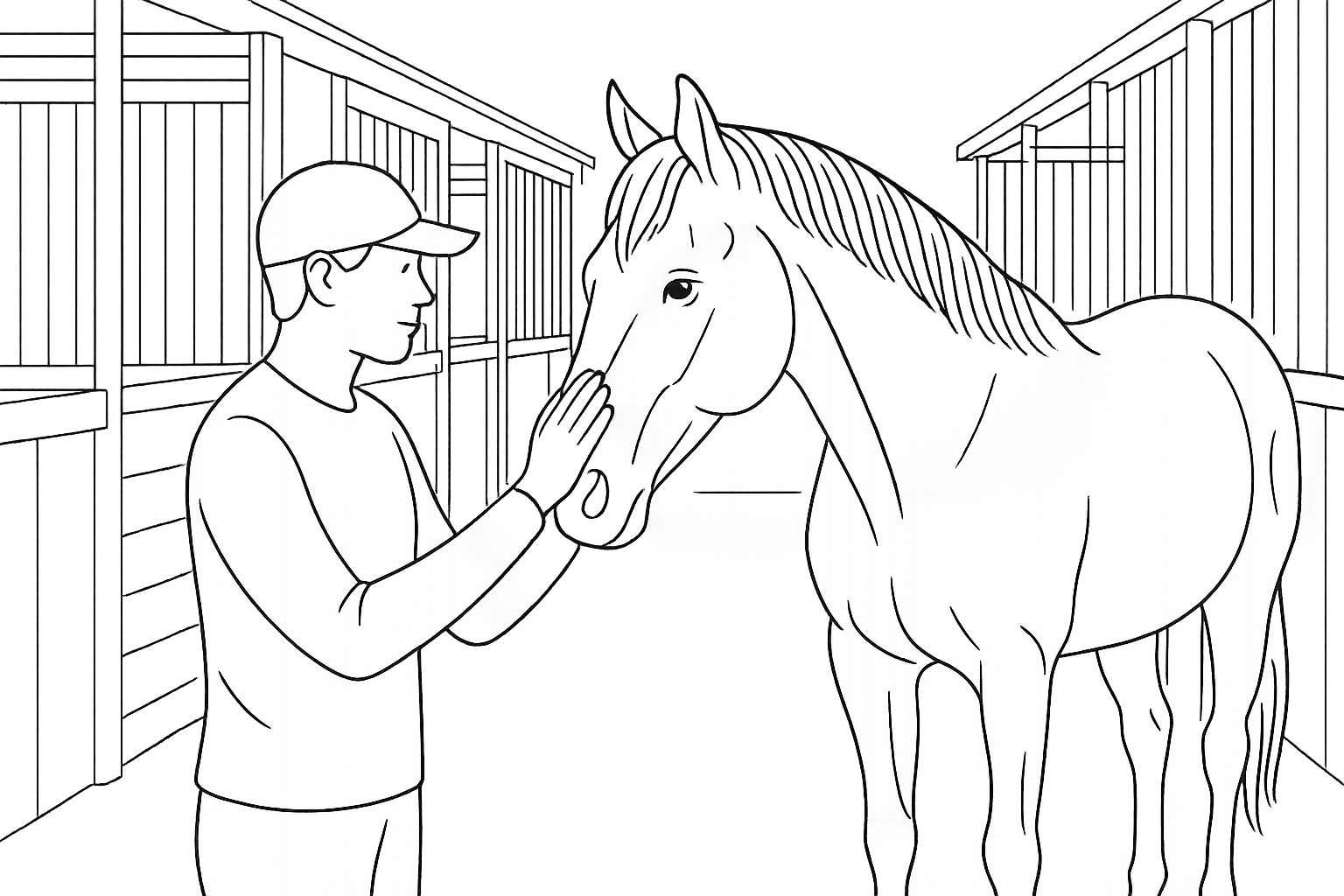 Line illustration of a handler gently resting a hand on a horse's cheek, no twitch or hobbles visible