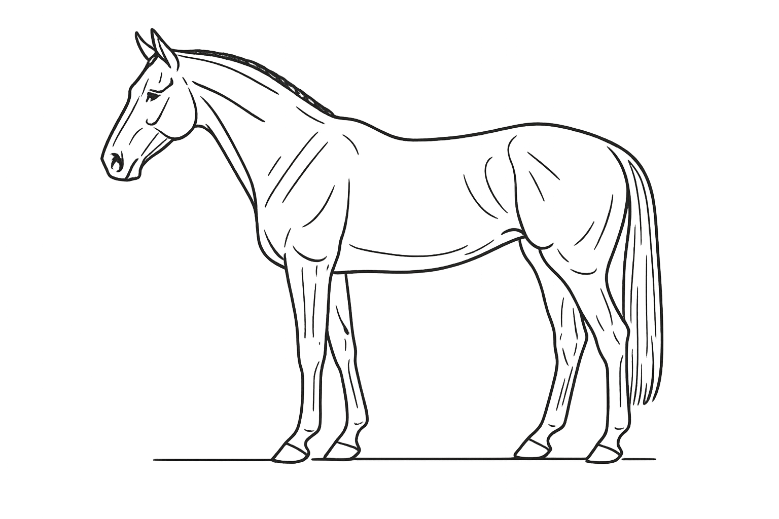 Line illustration of a lean athletic warmblood sport horse standing in a dressage halt, side profile
