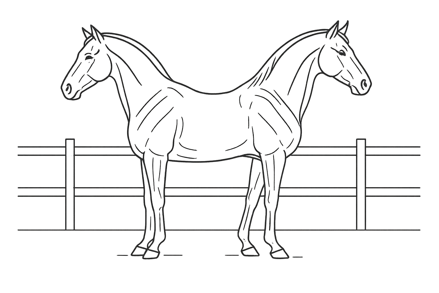 Line illustration of a mature stallion standing squarely in side profile with an arched neck and forward ears