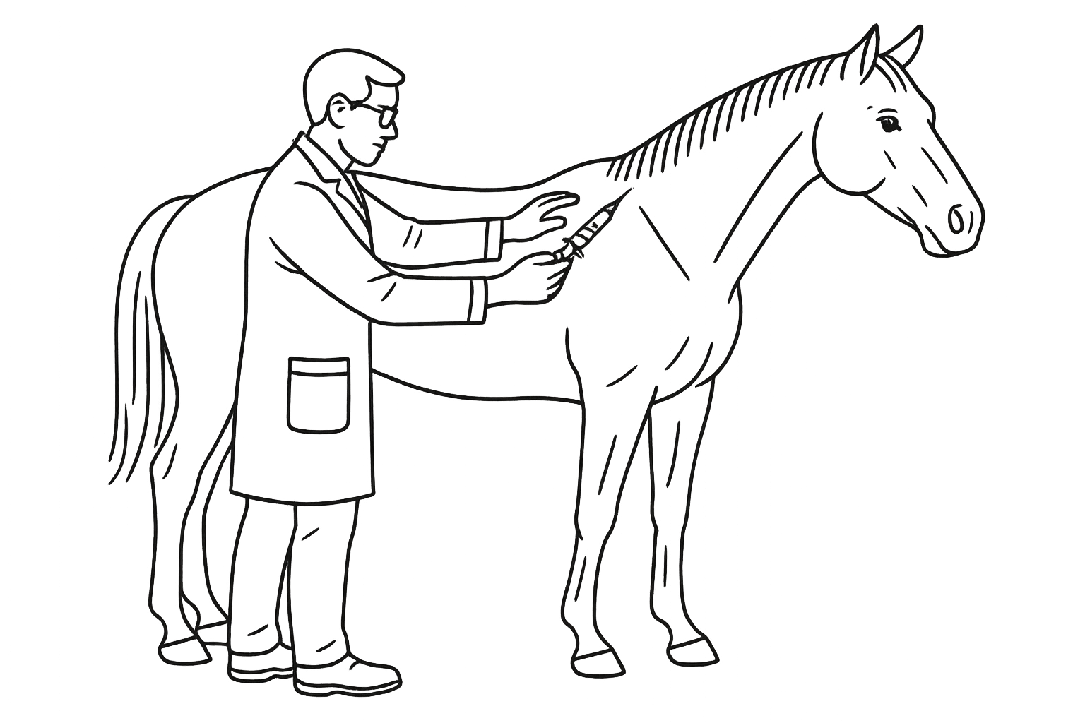 Line illustration of a veterinarian drawing a blood sample from a horse's neck
