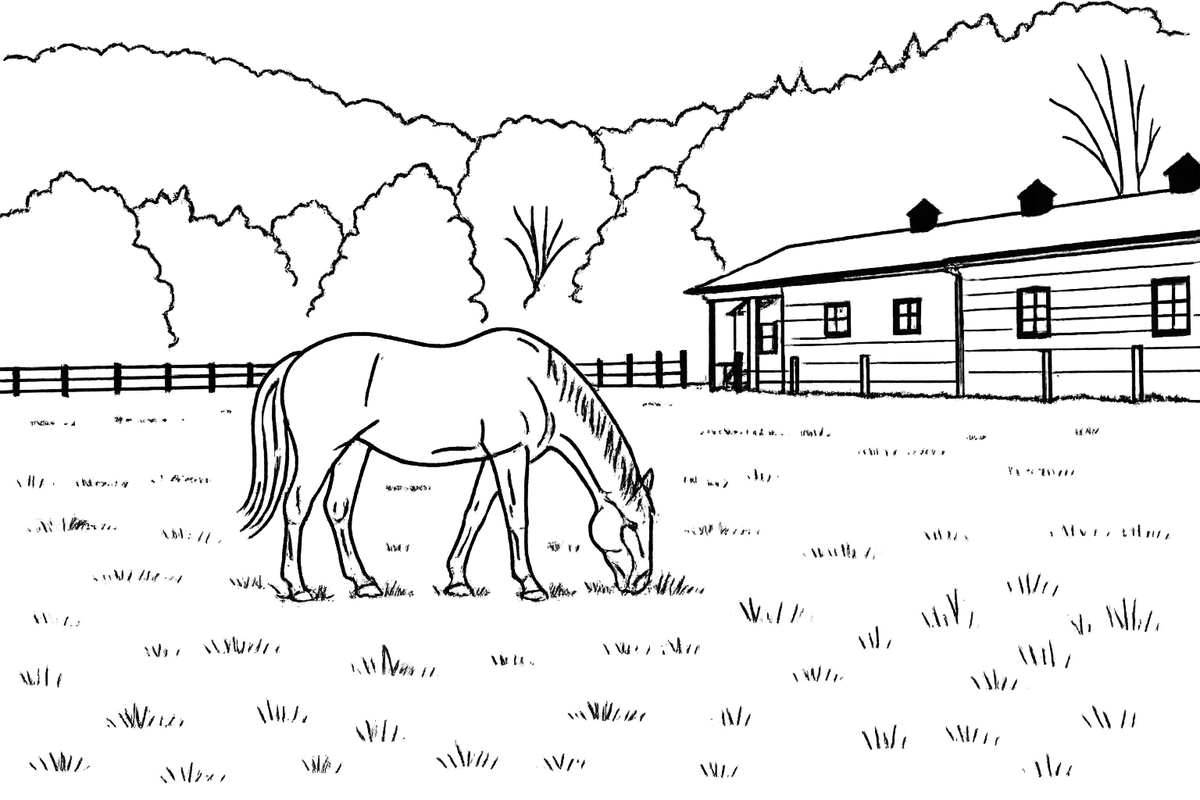 Line illustration of a horse grazing peacefully near a barn