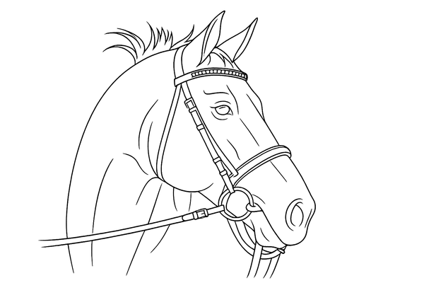 Line illustration of a horse head wearing an English bridle