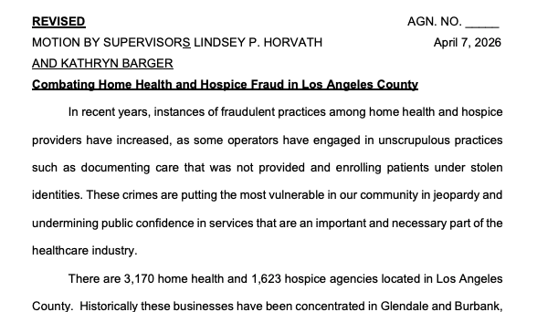 L.A. County Supervisors move to combat Home Health, Hospice fraud amid nationwide crackdown
