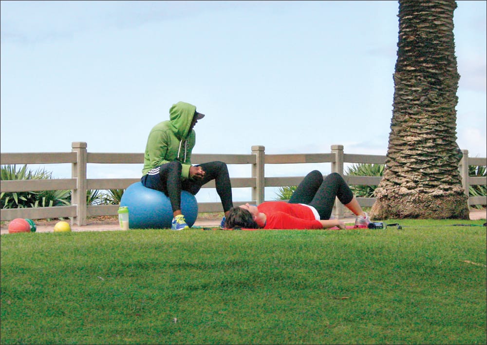 A trainer and a client workout in Palisades Park. (File photo)