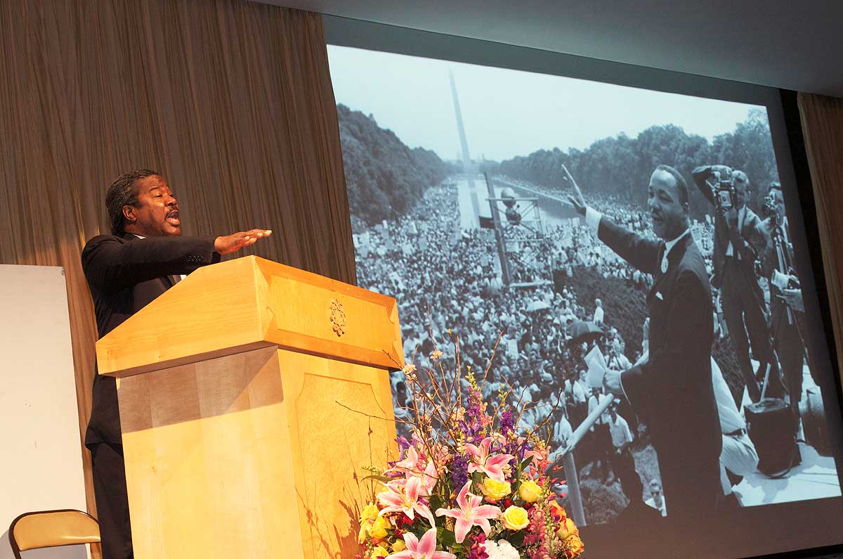 IN THE MOMENT: Gerald C. Rivers gives his best Martin Luther King Jr. impersonation while reciting one of MLK's speeches Monday morning at the Soka Gakkai International Auditorium. City officials, celebrities and residents celebrated the legacy of the civil rights giant. (Paul Alvarez Jr. editor@www.smdp.com)