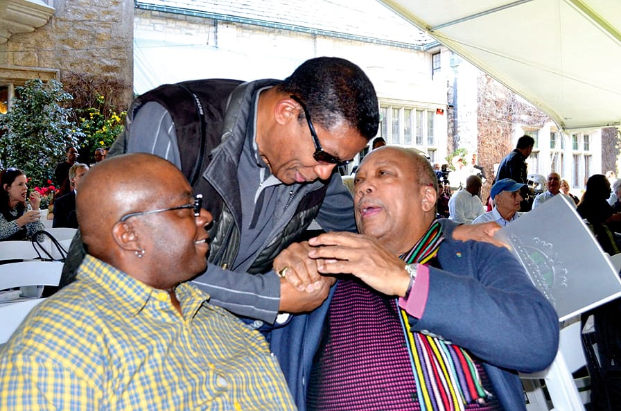 Jazz master Herbie Hancock talkes with his good friend Quincy Jones at the Playboy Mansion. (Photo by Alex Vejar)