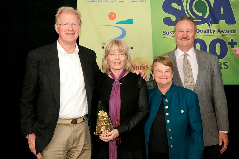 (L to R) Actor and environmental activist Ed Begley Jr., Santa Monica Chamber of Commerce President Laurel Rosen, former state Sen. Sheila Kuehl and Southern California Edison's Regional Public Affairs Director Mark Olsen attended this year's Sustainable Quality Awards on Wednesday at the Sheraton Delfina Hotel. (Photo by Brandon Wise)