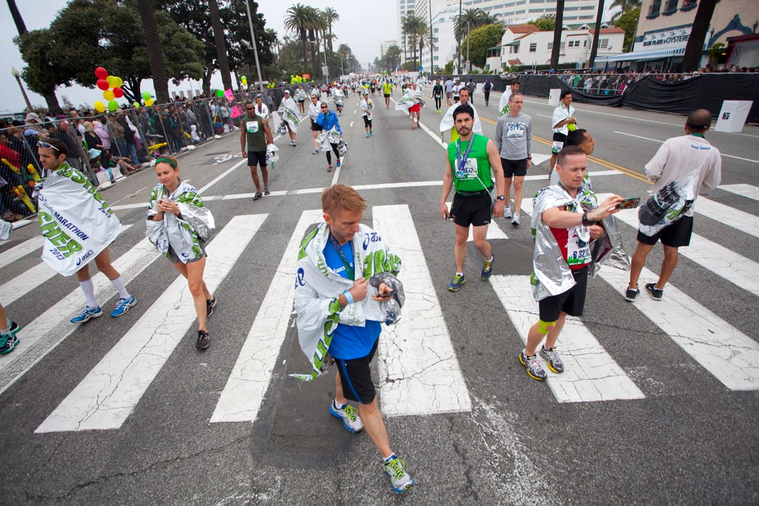 Runners gather on Ocean Avenue after Sunday's L.A. Marathon.