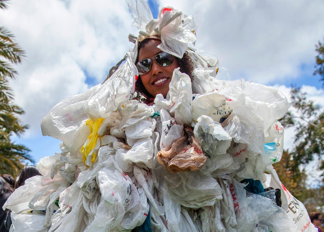 BAG MONSTER COMETH: SMC students fully embrace Earth Week activities. At last year's Earth Week celebration, SMC student Brandi Satterwhite demonstrated in a very personal way how many plastic bags an average American uses in a year. (Photo courtesy SMC)