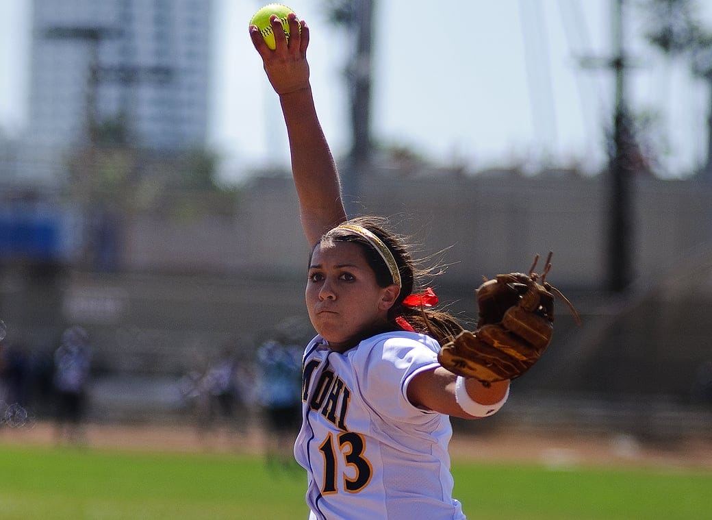 STRIKE! Santa Monica's Sara Garcia delivers a pitch against Inglewood on Thursday at Memorial Park. Samohi would go on to win the game, 18-0, as Garcia pitched a no-hitter. (Photo by Morgan Genser)