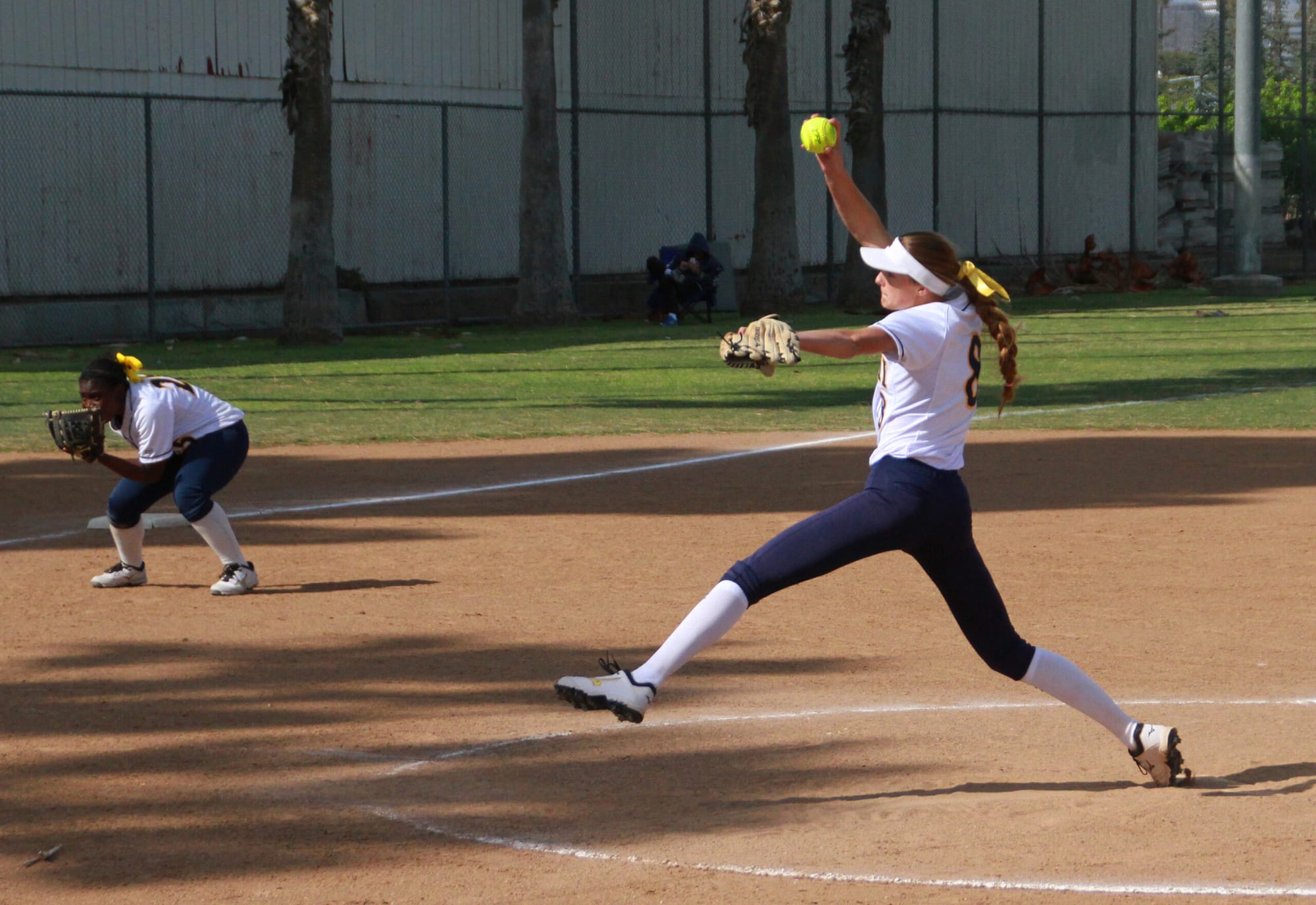 Samohi's Whitney Jones prepares to deliver a pitch against Beverly Hills Tuesday at Memorial Park during a 15-0 rout. (Daniel Archuleta daniela@www.smdp.com)