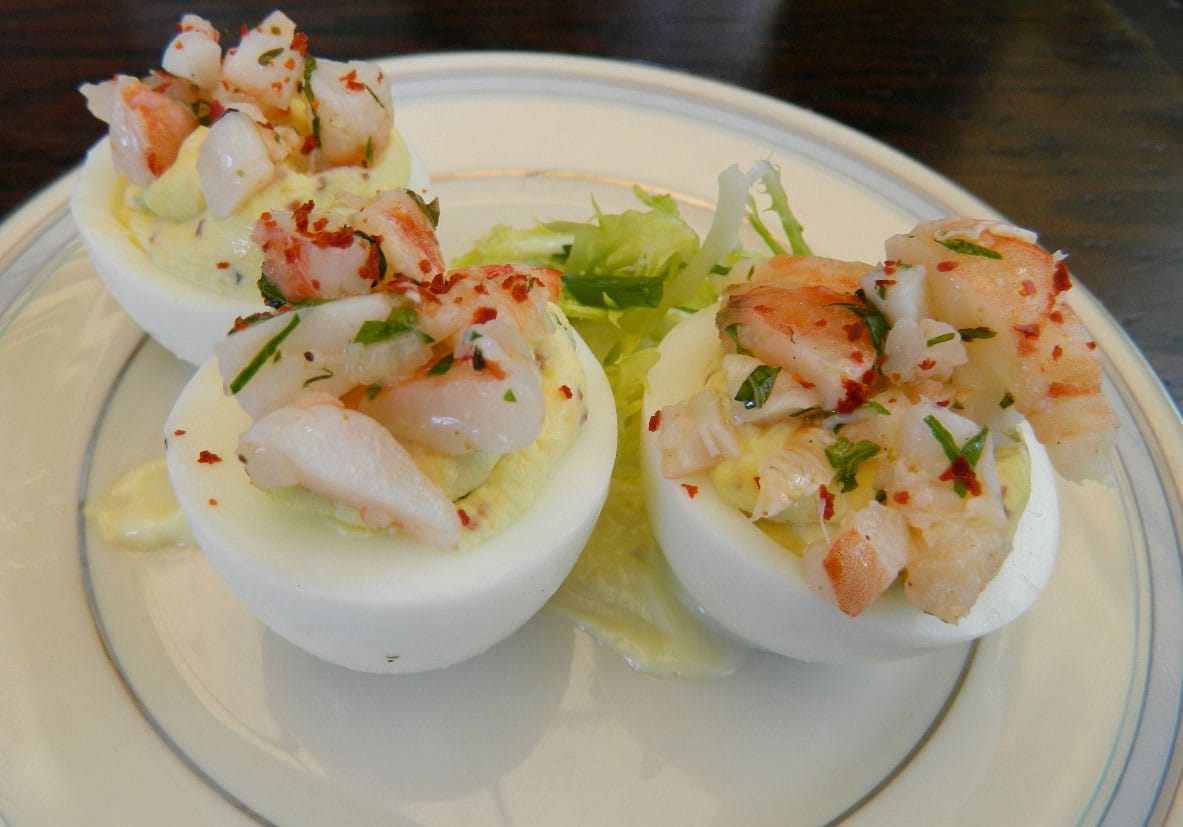 Willie Jane's deviled eggs with marinated shrimp and preserved lemon aioli.