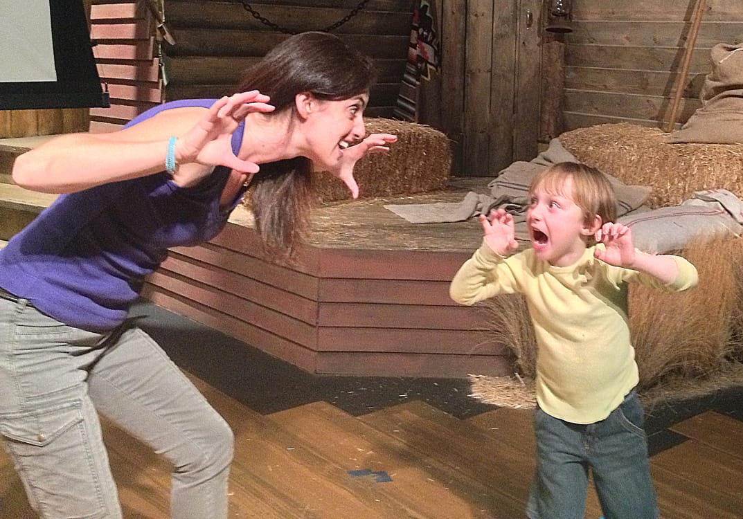 Playing lion: Volunteer acting teacher Jacinta Marasco and 4-year-old Max warm up at the Edgemar Center for the Arts. (Photo courtesy Edgemar Center for the Arts)