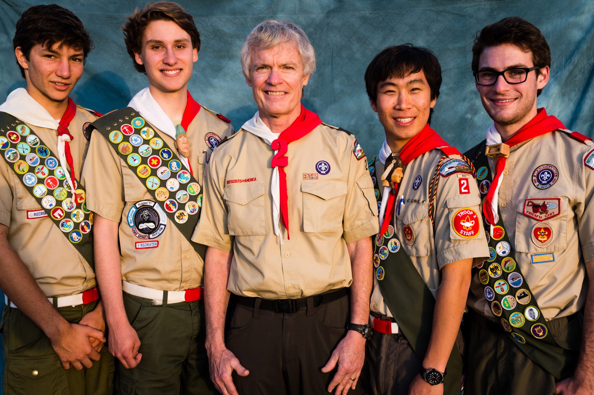 Troop 2 Eagle Scout candidates (L to R) Jake Alfred Erlandson, Bret K. Hart, Scoutmaster Dr. Steve Marcy, Peter Myung-Won Pak, and Matthew Lawrence Hawkins. (Photo courtesy Ken Sleeper)