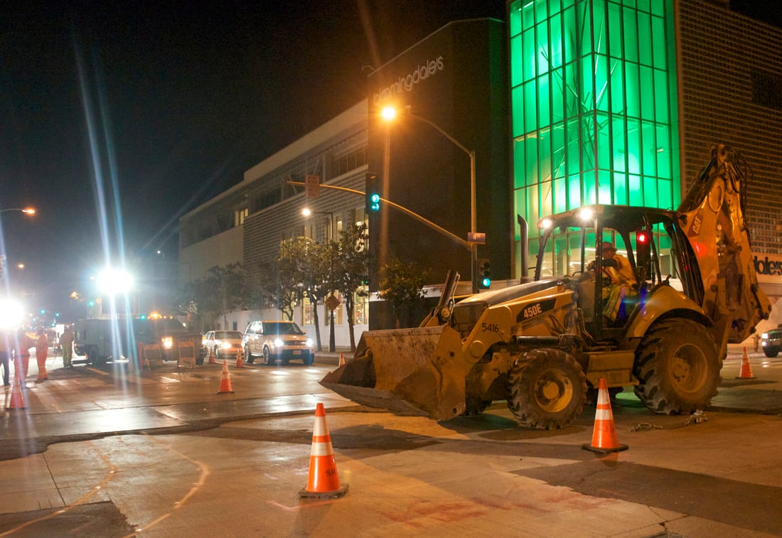 Work crews perform tasks associated with the forthcoming Expo Light Rail Line on Colorado Avenue. (Photo by Paul Alvarez Jr.)