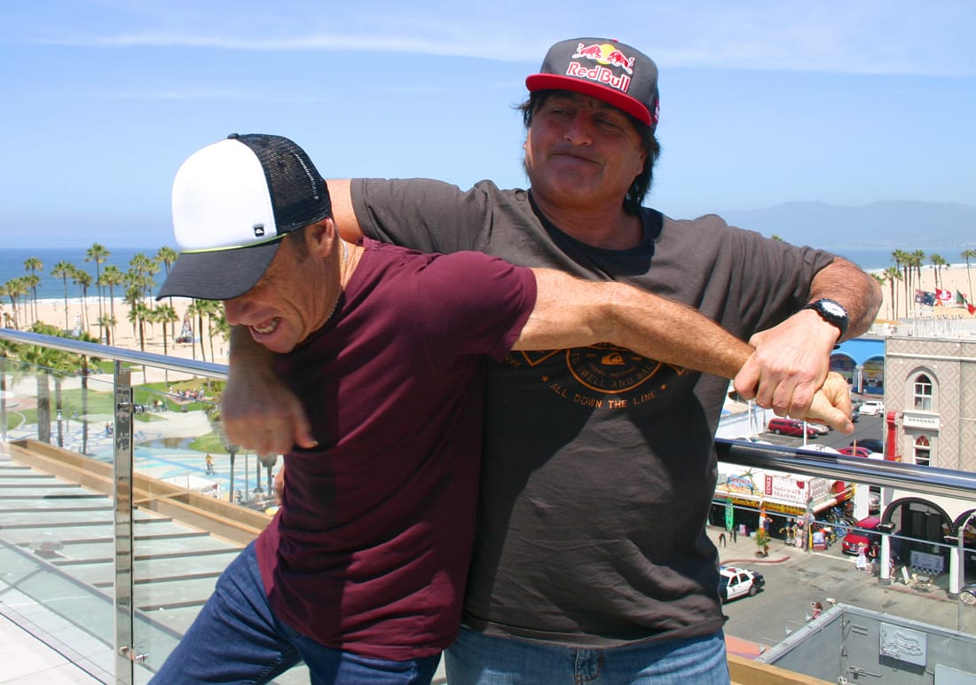BUDS: (L-R) Tom Carroll and Ross Clarke-Jones pal around at the Hotel Erwin Venice on Tuesday. (Photo by Ileana Najarro)