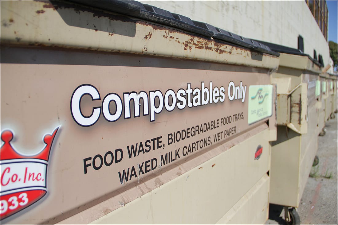 Compost bins line a driveway at Santa Monica High School.