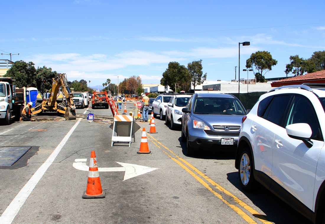 MOVED ASIDE: Traffic backs up on the westbound side of Colorado Avenue on Thursday as a construction crew does infrastructure work related to the forthcoming Expo Light Rail Line. (Daniel Archuleta daniela@www.smdp.com)