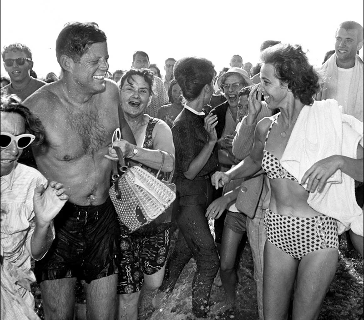 Causing a crowd. On Aug. 19, 1962 JFK took a dip in Santa Monica. (Copyright, 2013, Los Angeles Times. Used with permission. Photo by Bill Beebe.)