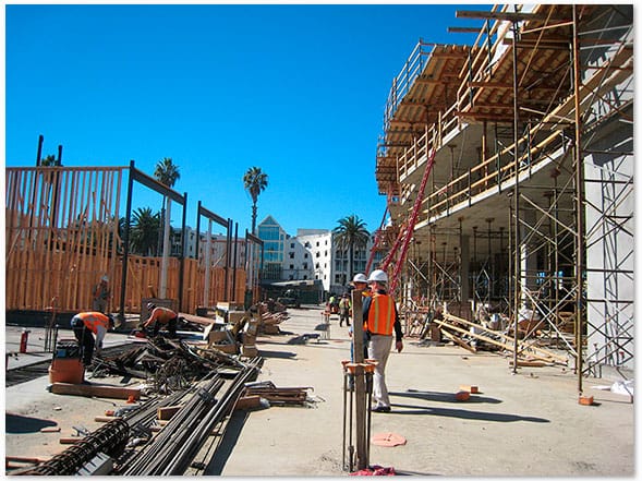 The Village at the Civic Center under construction. Loews Santa Monica Beach Hotel is in the background. (Photo courtesy www.moorerubleyudell.com)