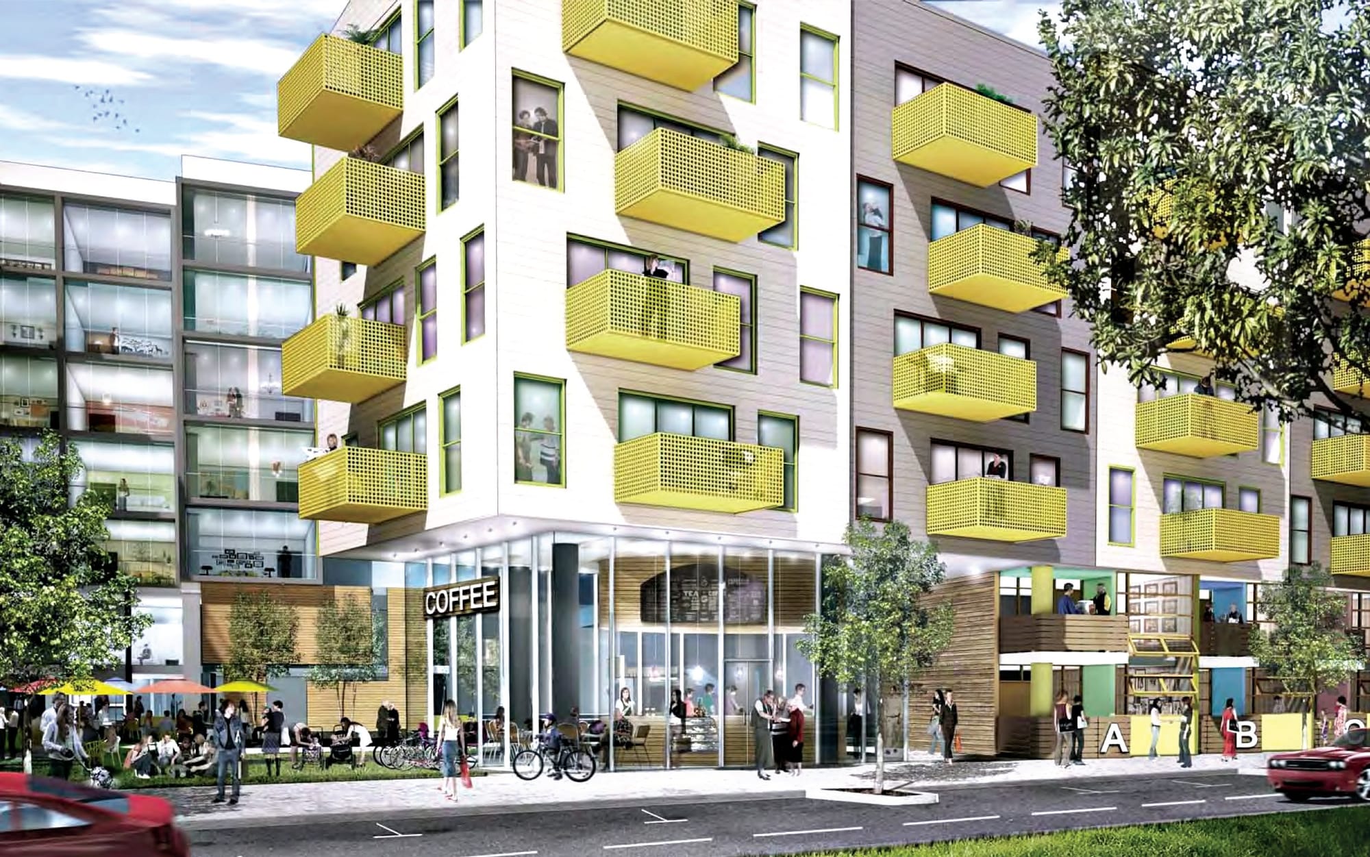 A rendering of mixed-use housing that would be built as part of the Bergamot Transit Village. (Courtesy Hines Corp./Gensler)