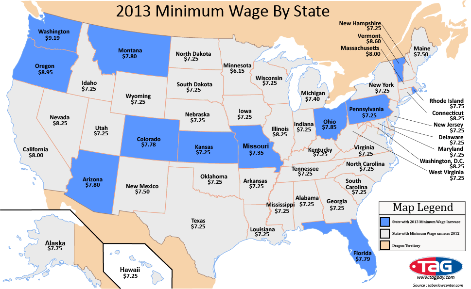 Minimum wage paid out in various states. (Graph by Washington Post, published February 2013)