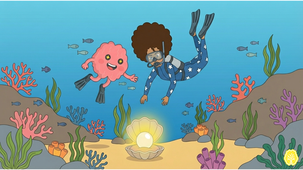 Mili y Brillantemente bucean juntos y descubren una perla brillante en el fondo del mar.