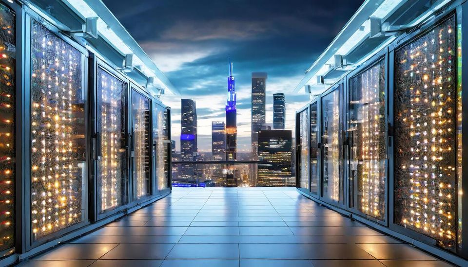 Image of a datacenter with a view on the city.