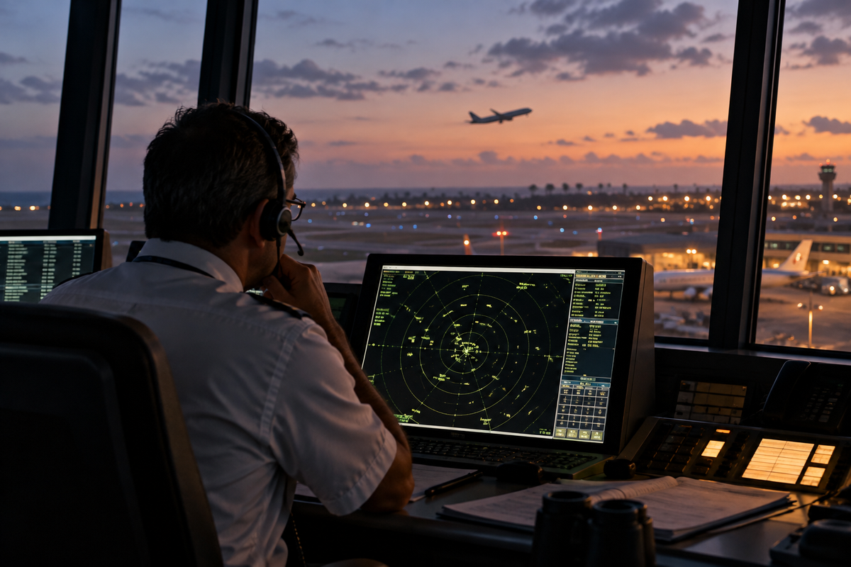 Air traffic controller working with radar technology in an airport control tower.