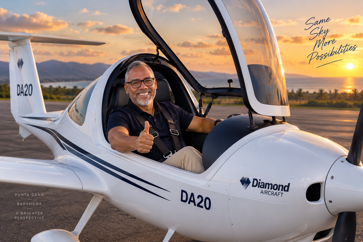 Luis Leonardo sitting in the cockpit of a Diamond DA20 at sunset.