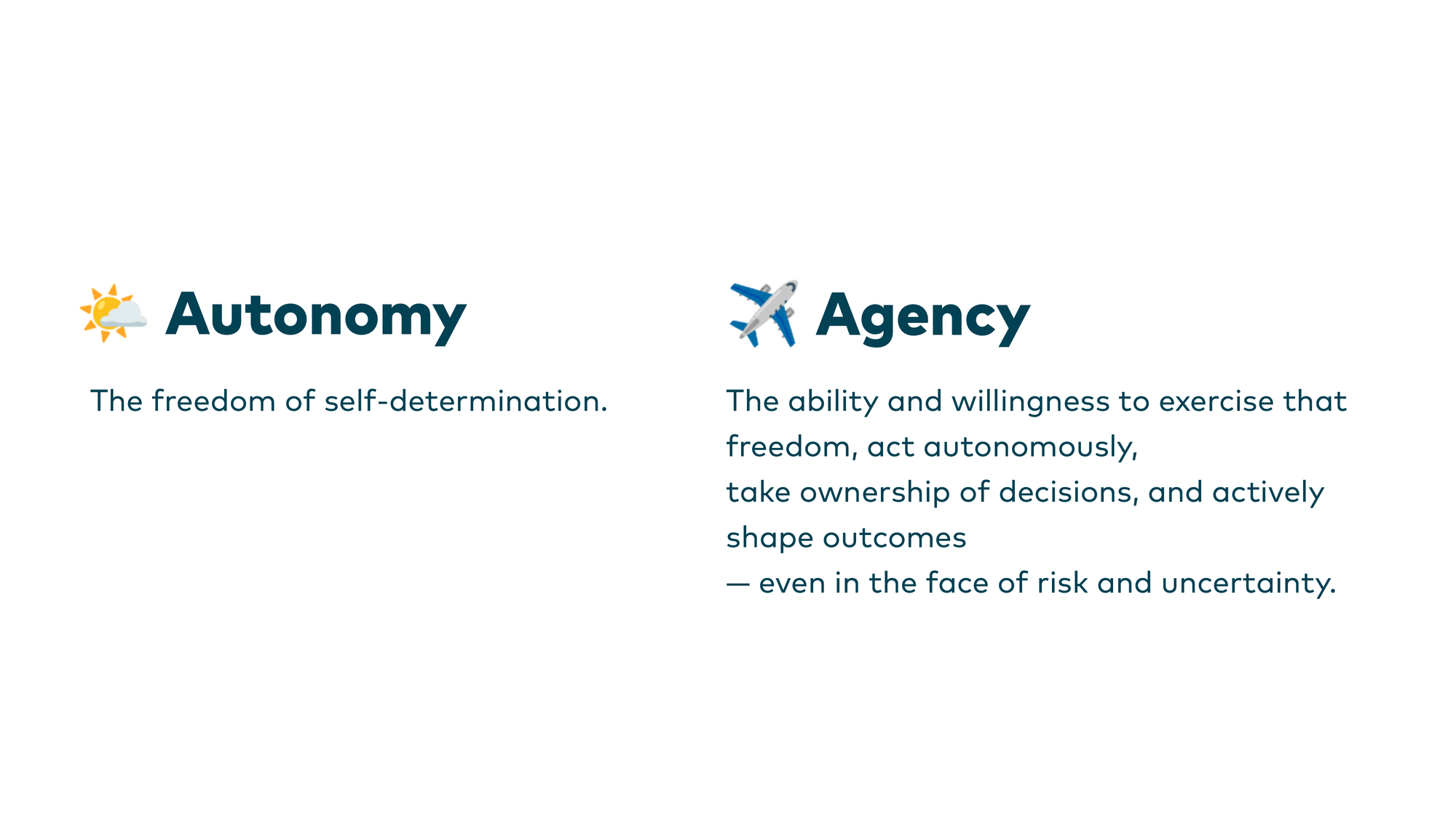 Autonomy: The freedom of self-determination. Agency: The ability and willingness to exercise that freedom, act autonomously, take ownership of decisions, and actively shape outcomes — even in the face of risk and uncertainty.