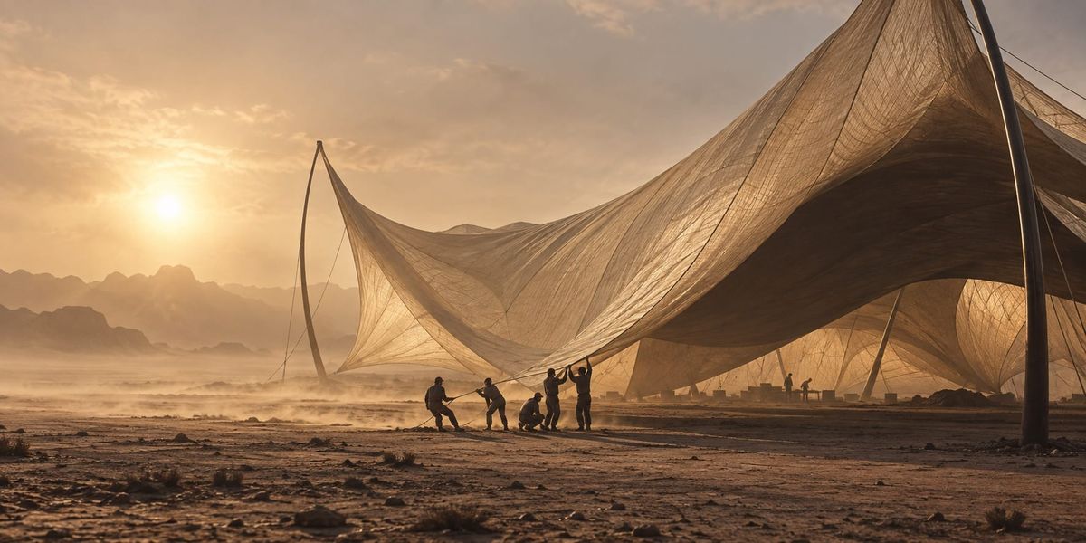 An adaptable canopy takes shape in the desert while people assemble machinery beneath it.