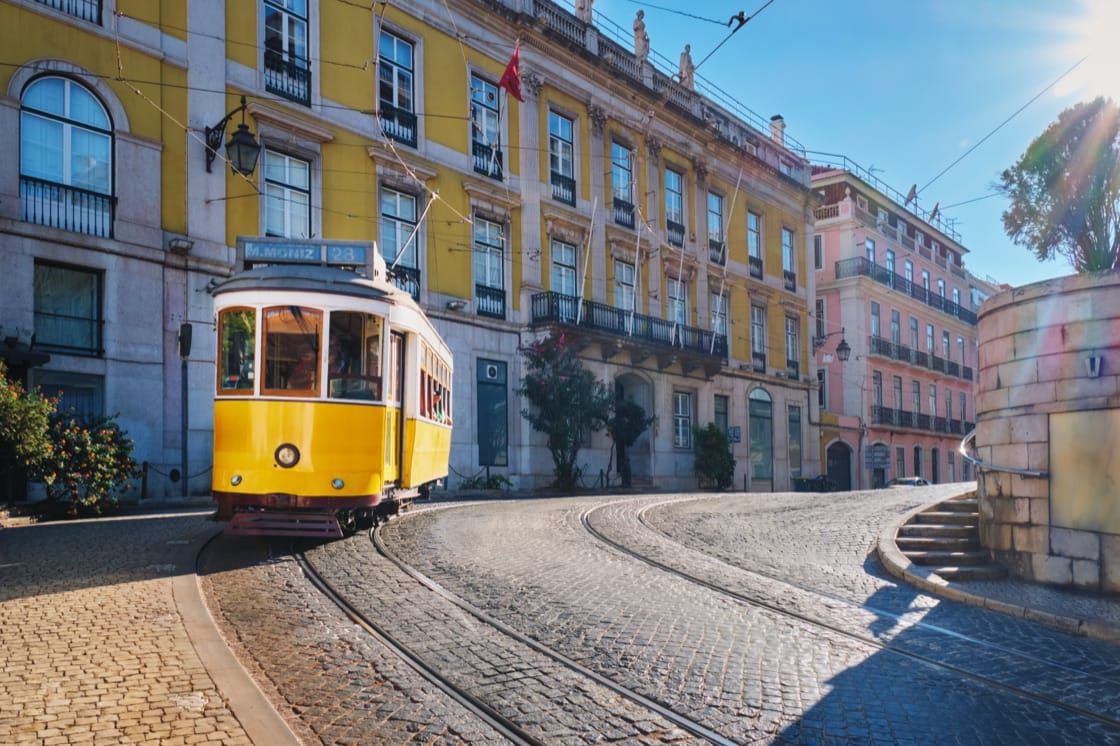 Vintage tram 28 in Alfama, Lisbon