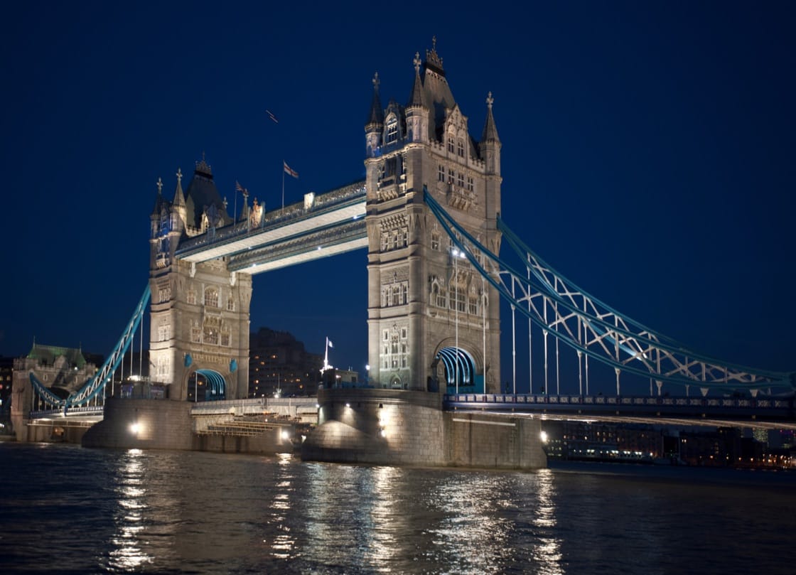 Tower Bridge lit up at night
