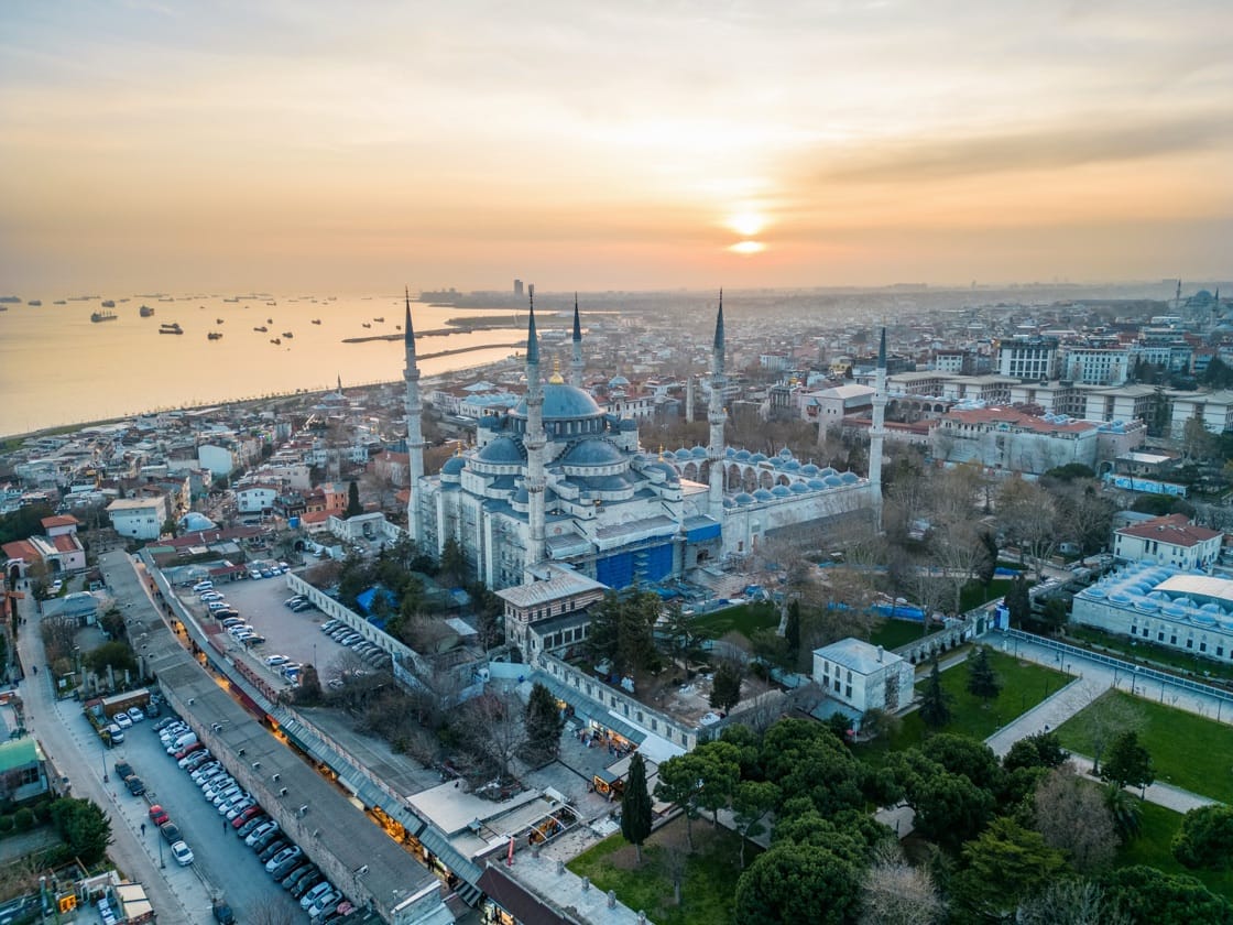 Aerial view of the Blue Mosque at sunset, Istanbul