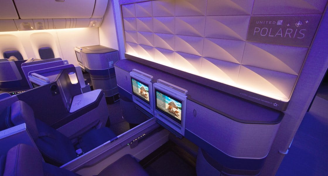 United Polaris business class cabin, 777 wide-body