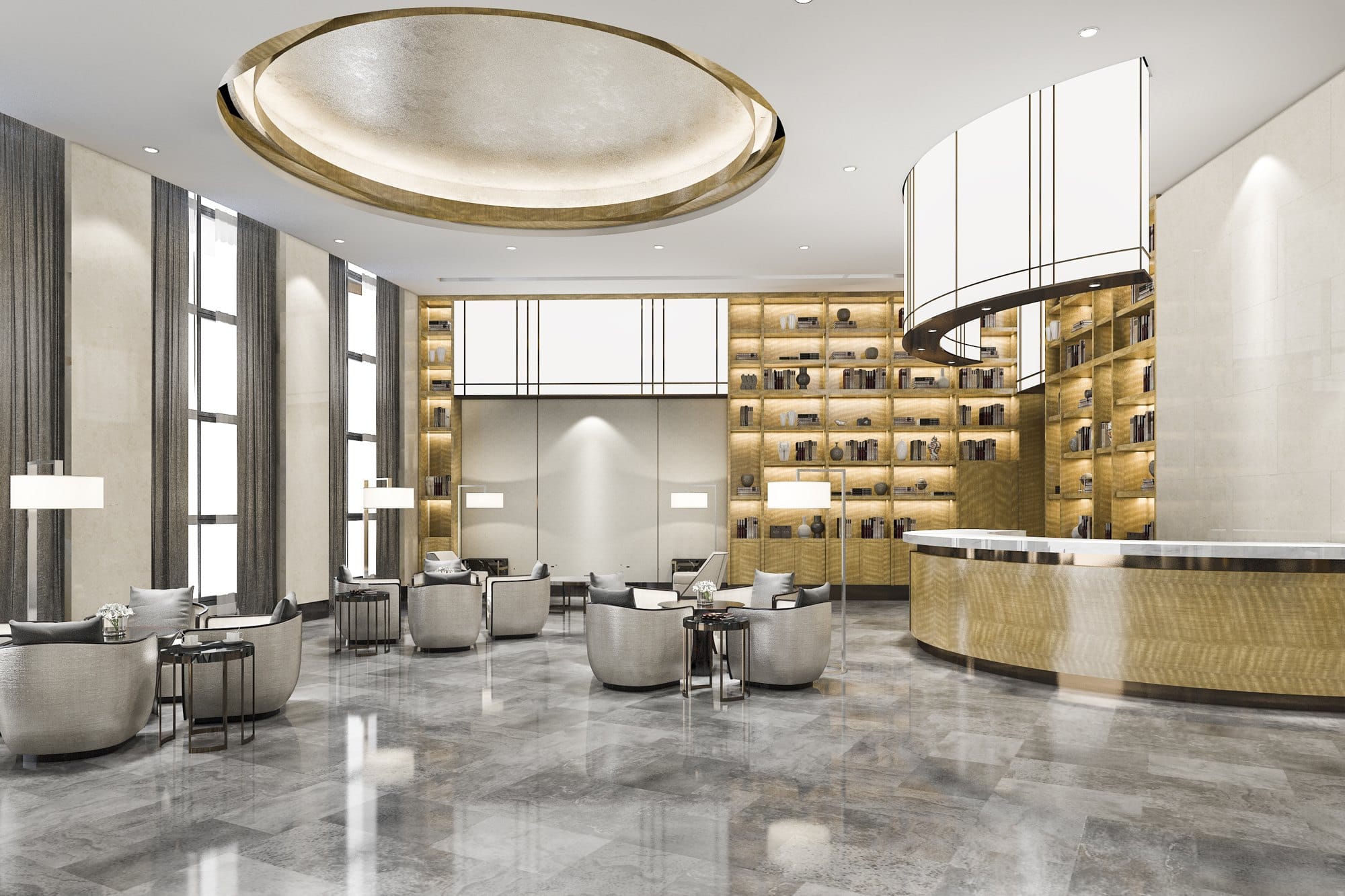 3d rendering luxury hotel reception hall and office with decor shelf