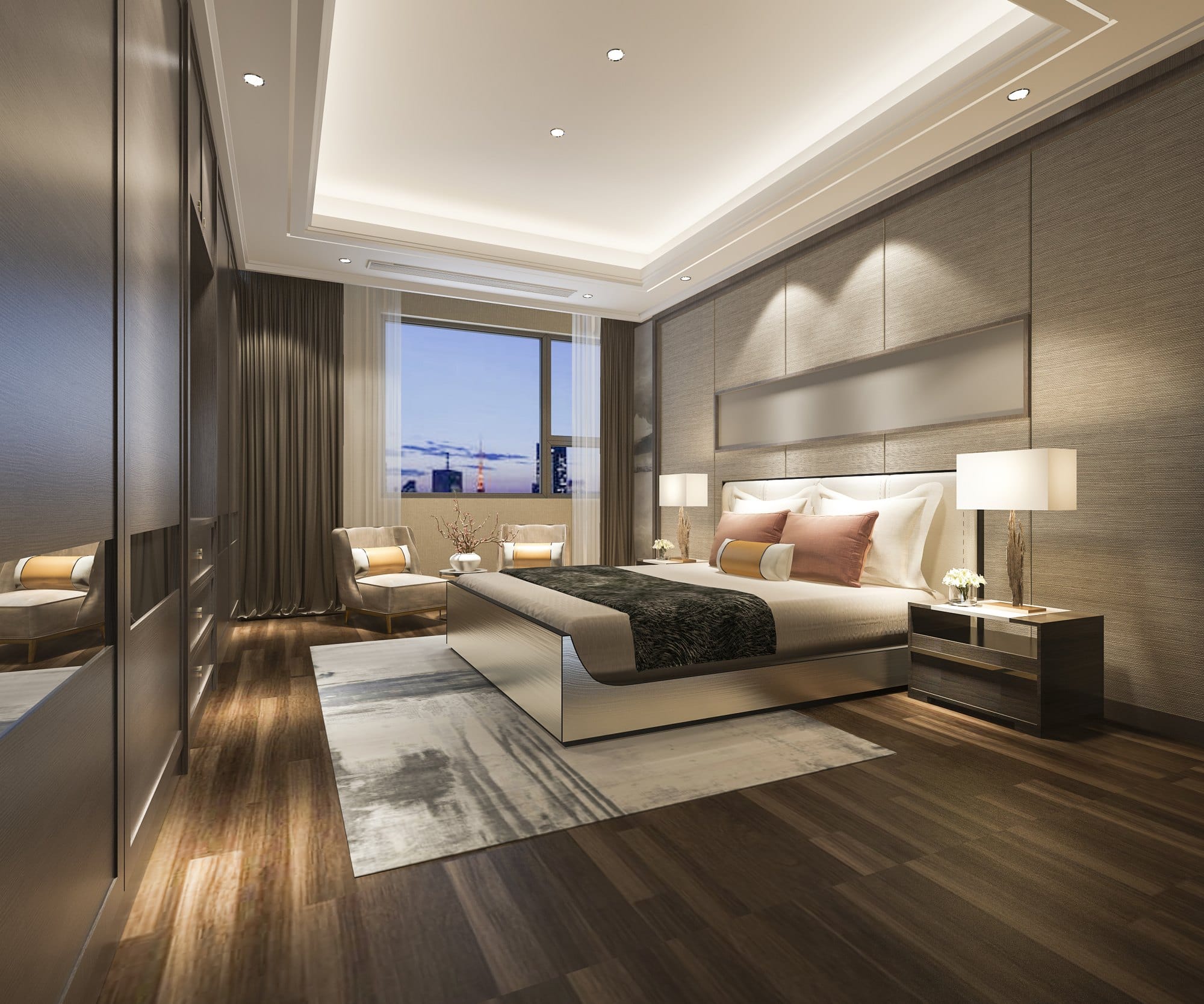 3d rendering luxury modern bedroom suite in hotel