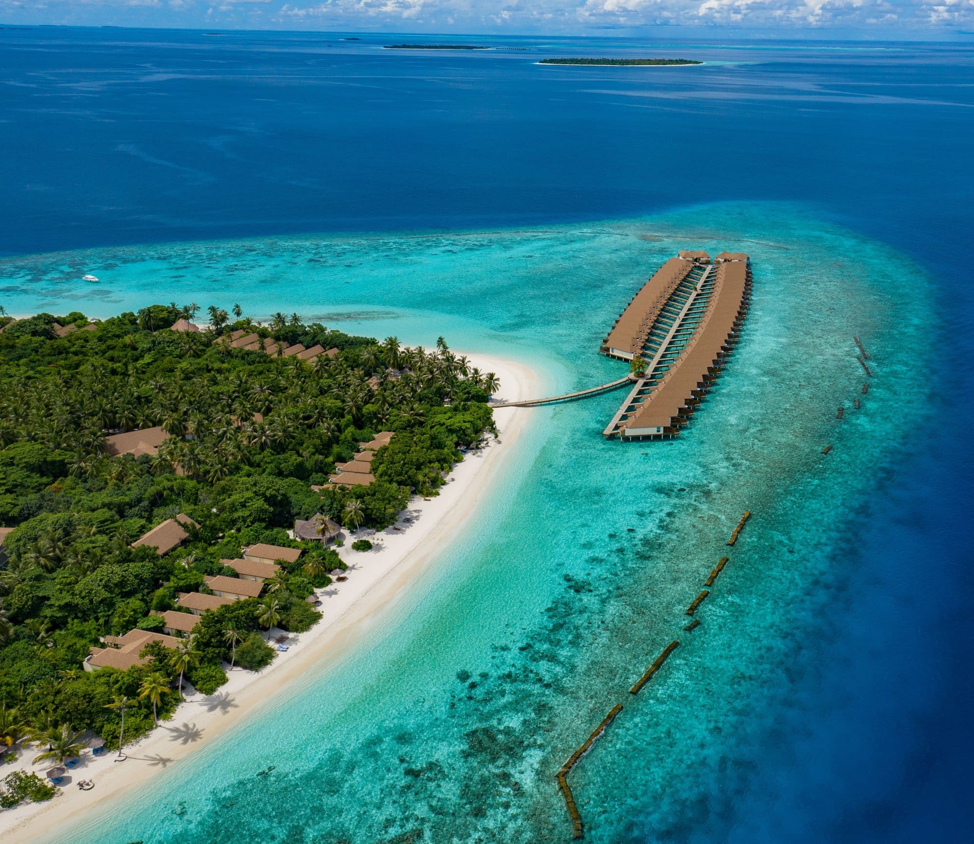 Aerial view of a tropical island resort in the Maldives
