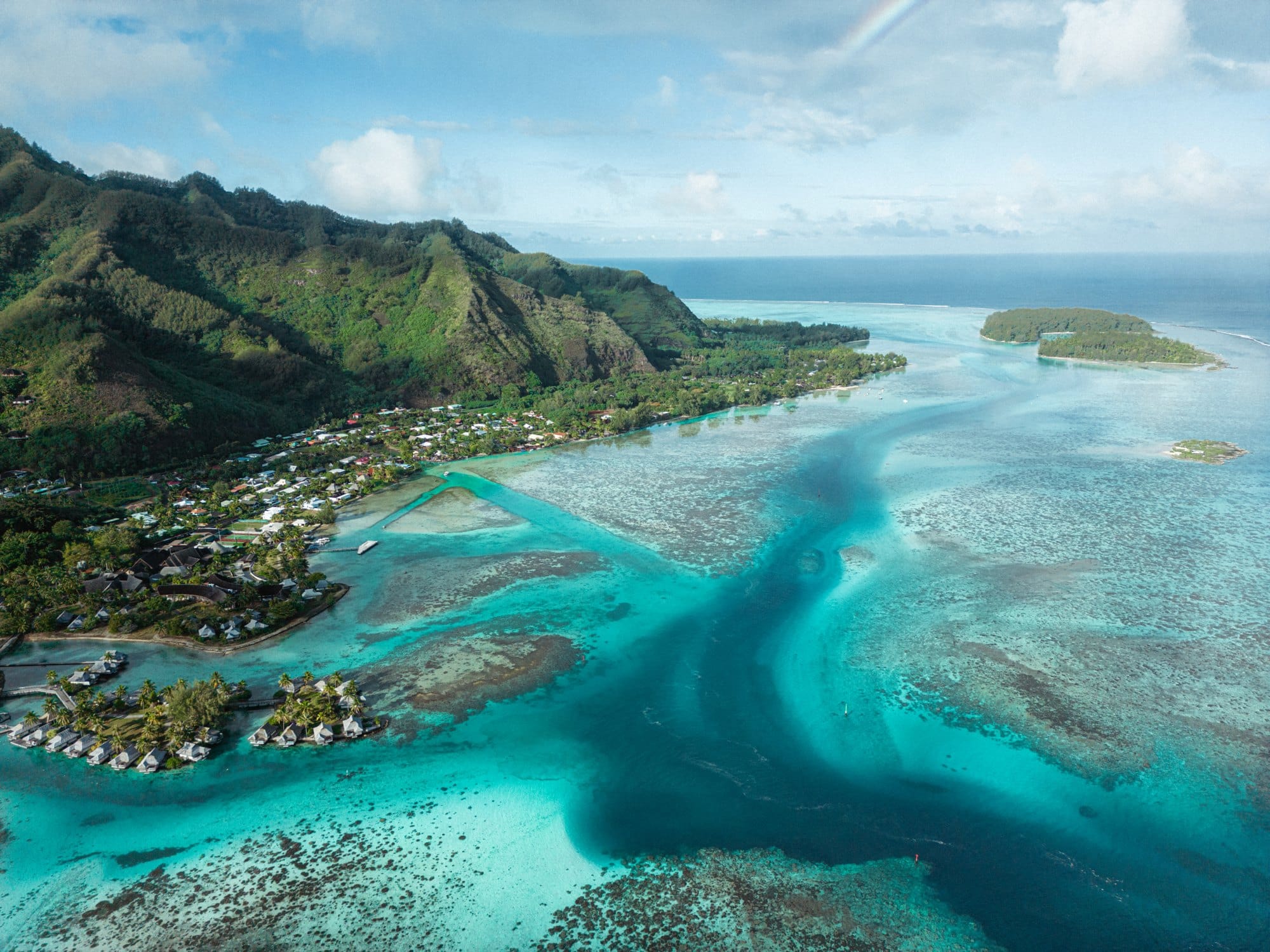 Aerial view of French Polynesia Moorea tropical island on a sunny day