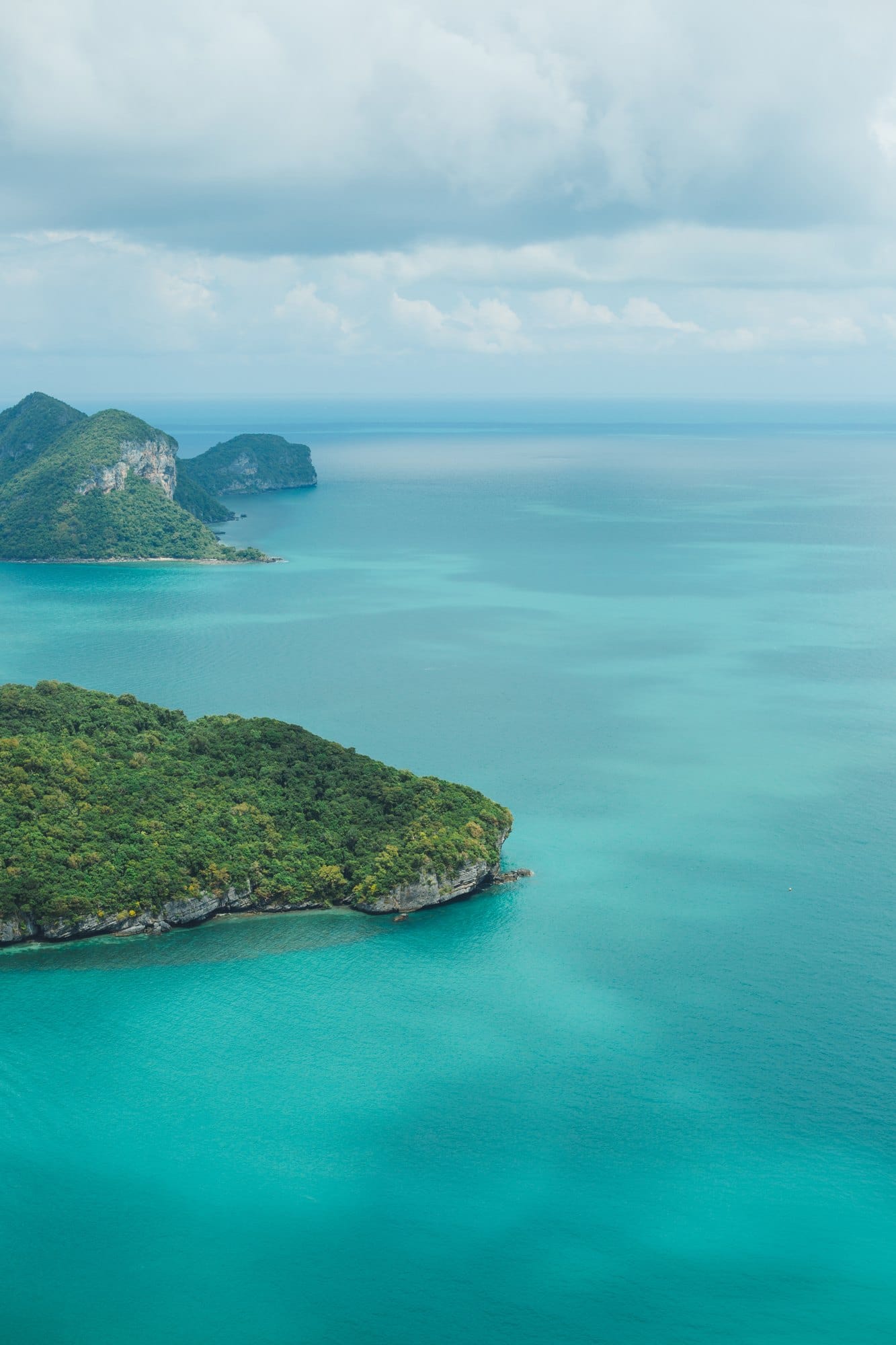 Aerial view of turquoise ocean with islands at Ang Thong National Park, Ko Samui, Thailand