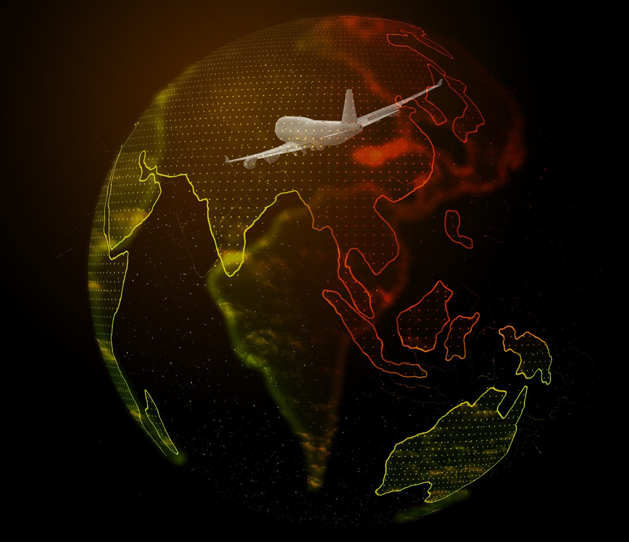 Airplane Flying Over Digital World Globe on Black
