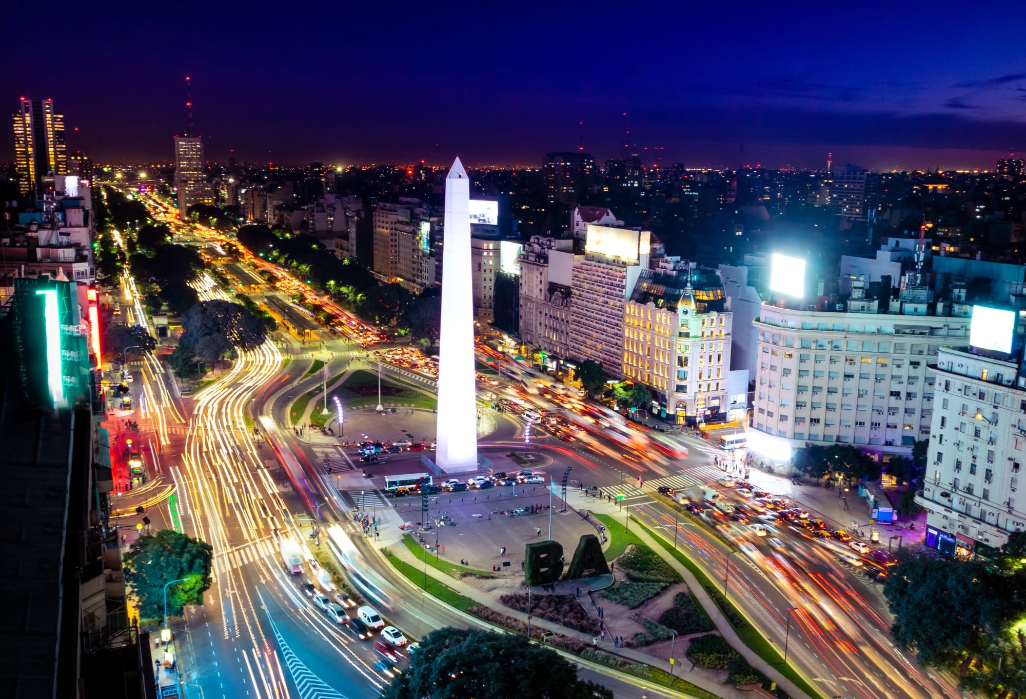 Colorful Aerial view of Buenos Aires and 9 de julio avenue at night - Buenos Aires, Argentina