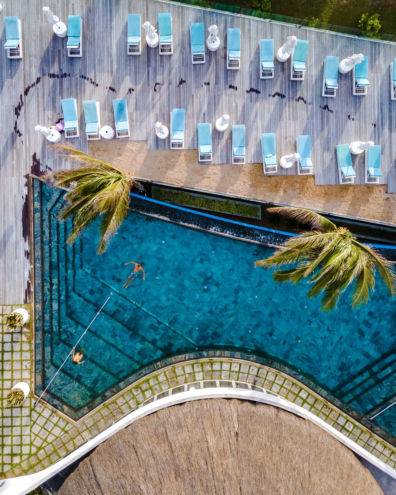 Drone aerial view of tropical swimming pool by a blue ocean