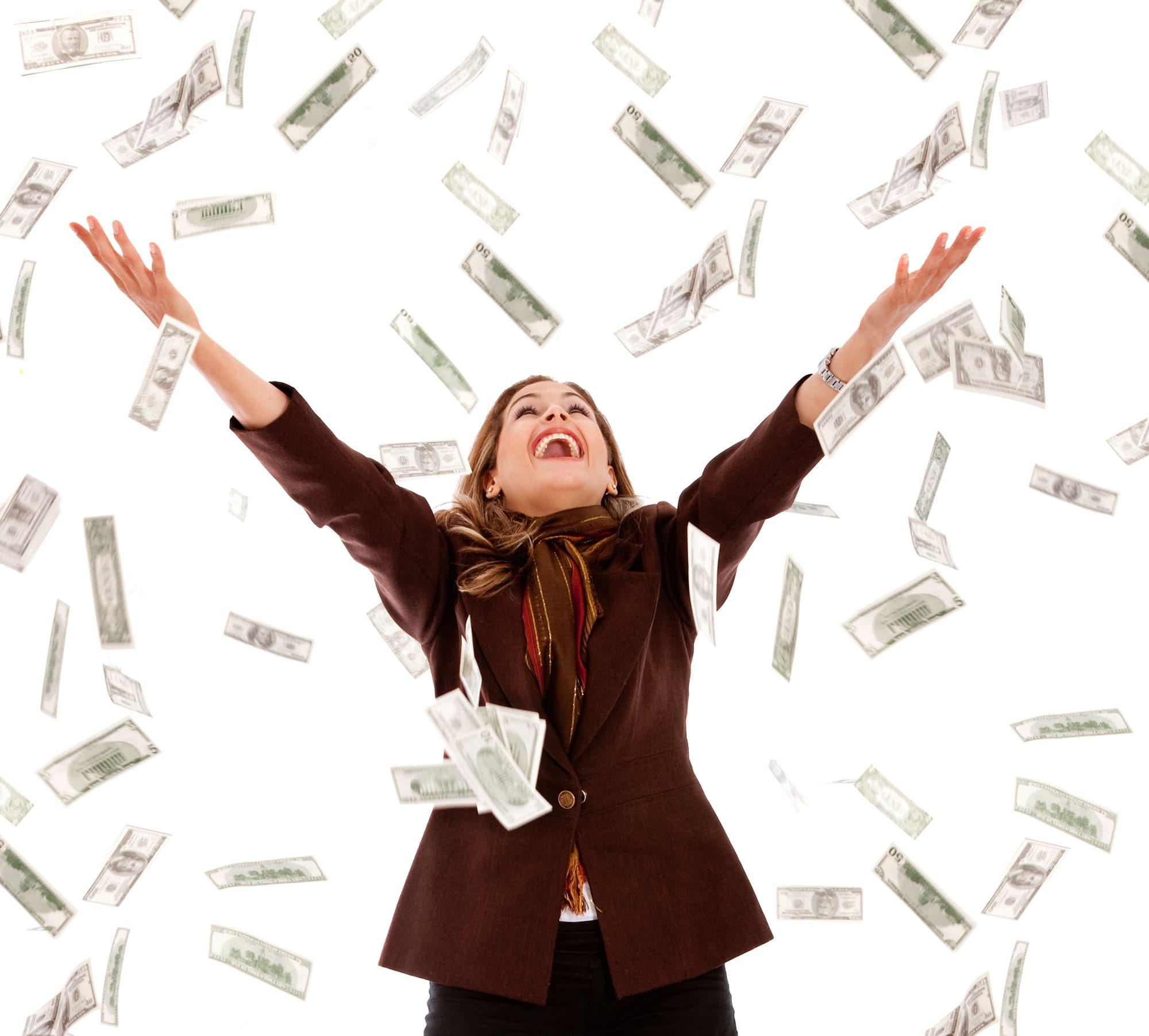 Excited Woman Celebrates Under Falling Money