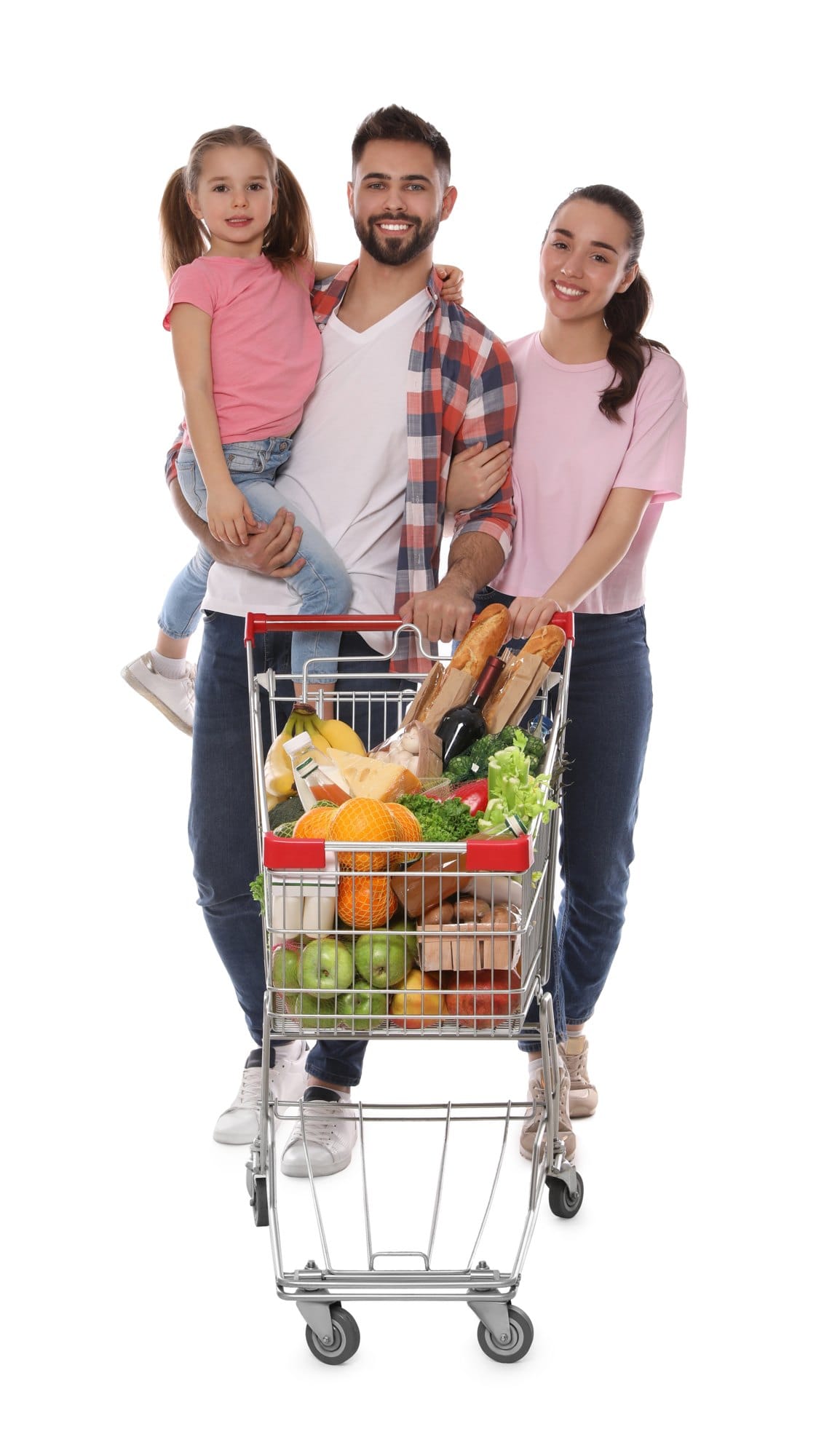 Happy Family With Grocery Shopping Cart Smiling